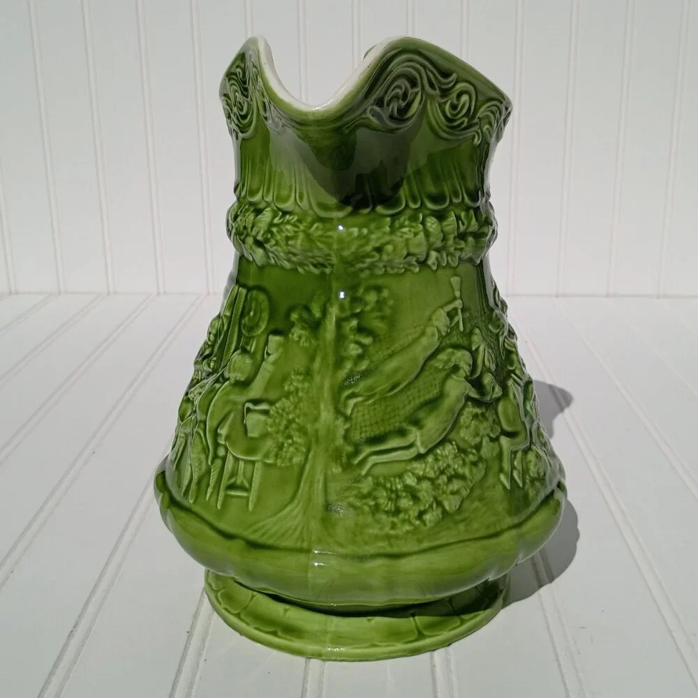 Mid-Century Green Pitcher Relief Pub Horse Scene Embossed Ceramic Signed 1971